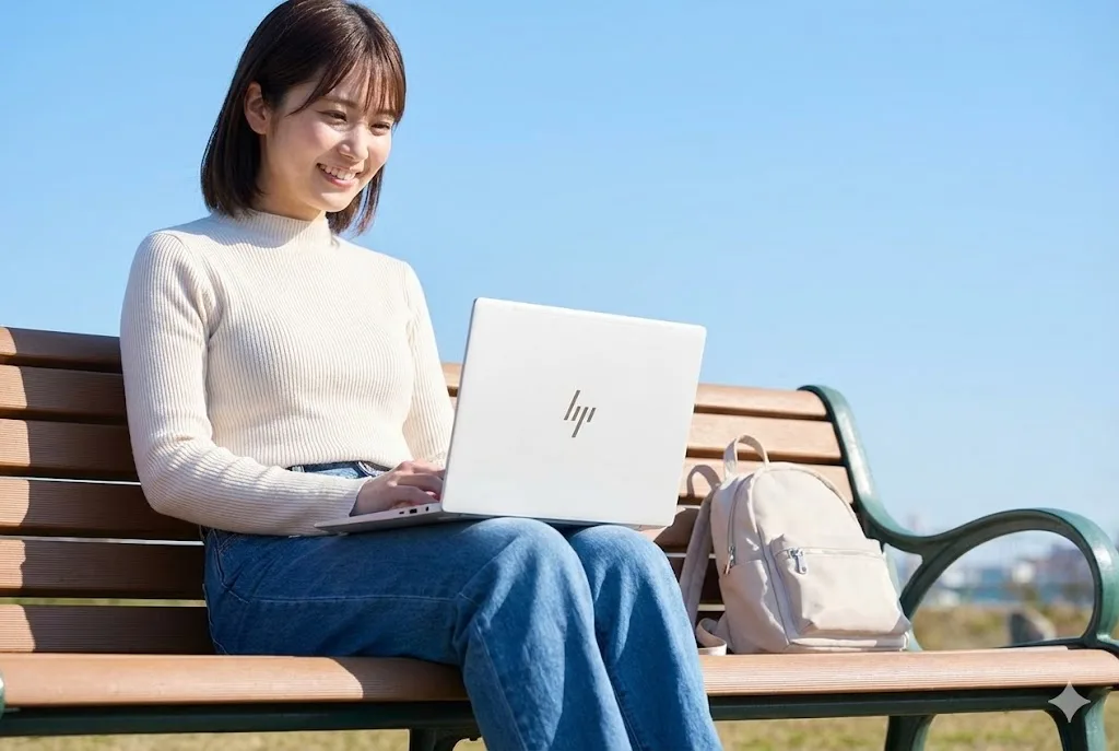 青空の下、公園のベンチで小さなHP OmniBook 7 Aero 13を膝に乗せ、笑顔で作業するかわいい日本の女子大学生。