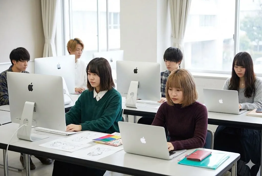 自然光が差し込む日本の美術大学の教室で、iMacやMacBookを使ってデザイン制作に取り組む学生たちの風景。