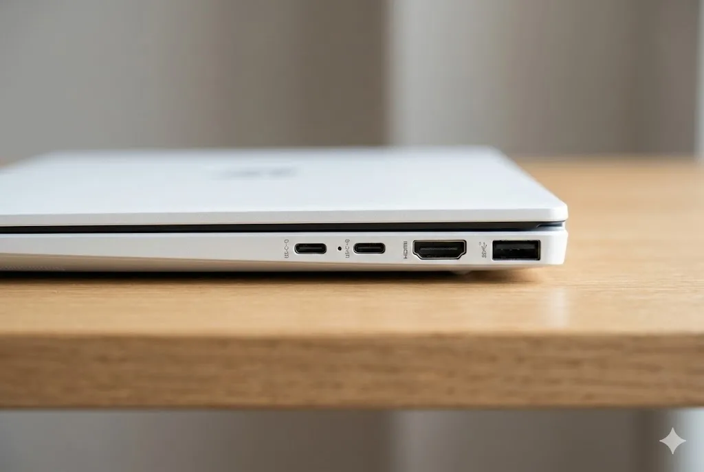 白いHP OmniBook 7 Aero 13の側面のポートのクローズアップ写真。ドングルなしで使える利便性を示唆している。