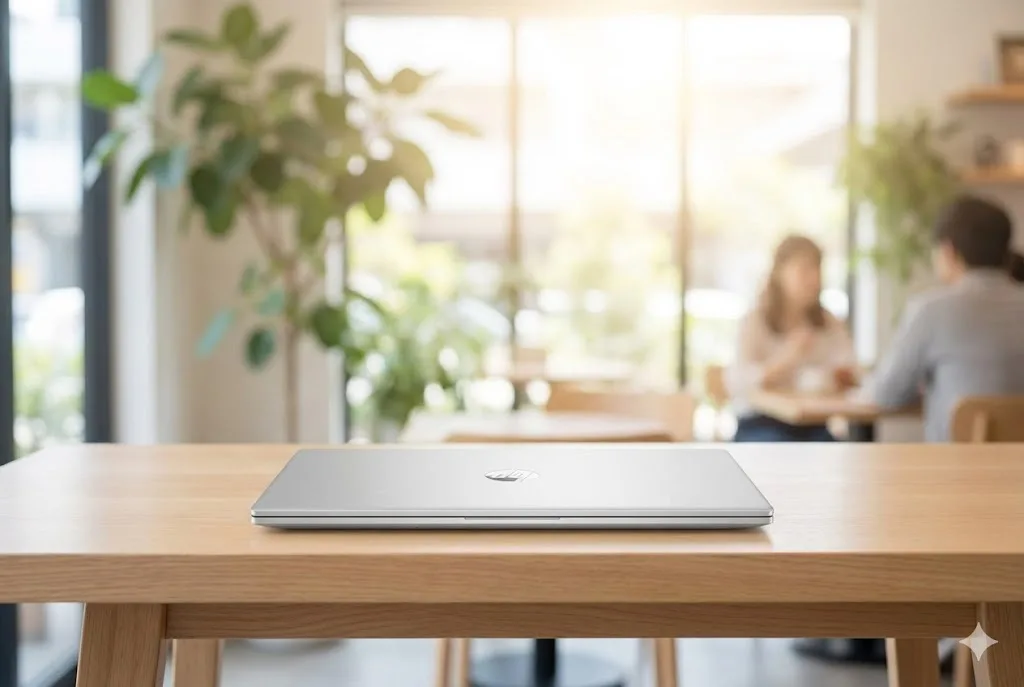 自然光が差し込む明るくモダンなカフェの木製テーブルに置かれた、HP製のスタイリッシュで薄いシルバーのノートパソコン。