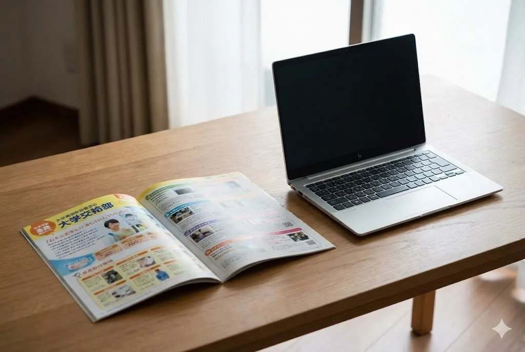 木目のテーブルの上に、開かれた大学生協のパンフレットと、HP製の薄型シルバーノートパソコンが並べて置かれている比較写真。