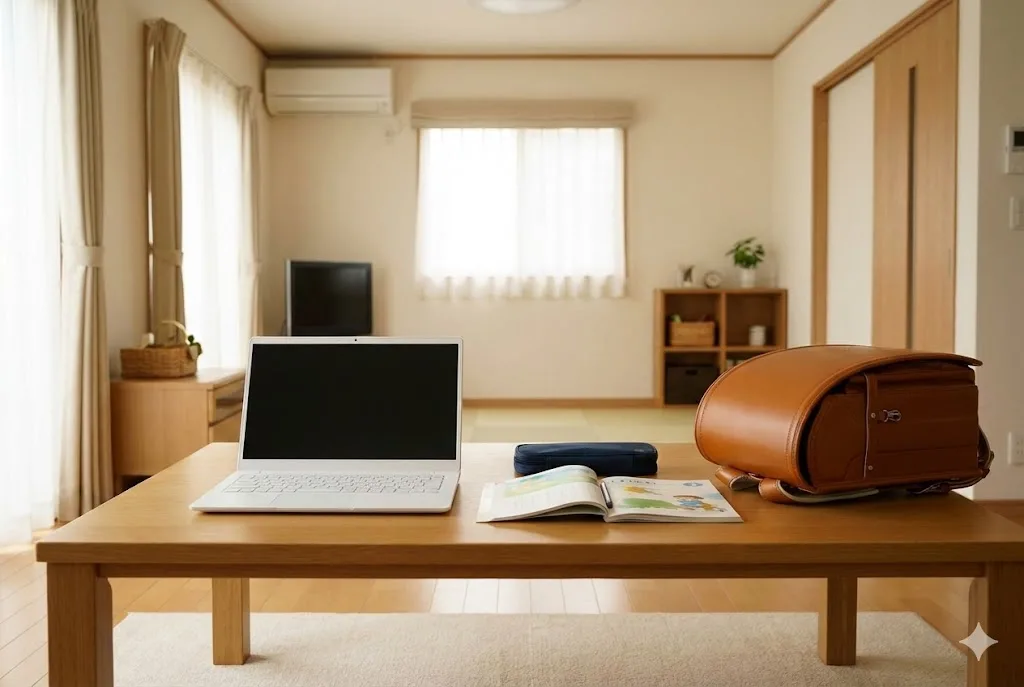 日本のリビングルームのテーブルに、教科書や筆箱、ランドセルと一緒に整然と置かれた白い薄型ノートパソコン。