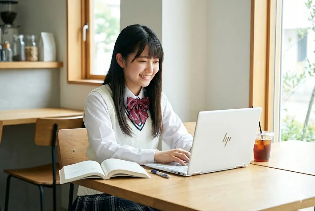 明るいカフェで、白いHP OmniBookを使って笑顔で勉強や作業をしている女子高校生。