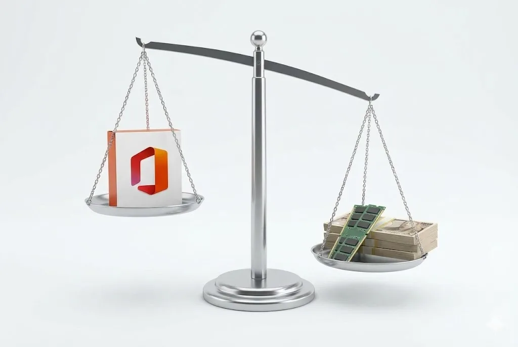 天秤の片方にMicrosoft Officeの箱、もう片方にコンピュータのメモリと札束が乗っており、後者が重く傾いている様子。
