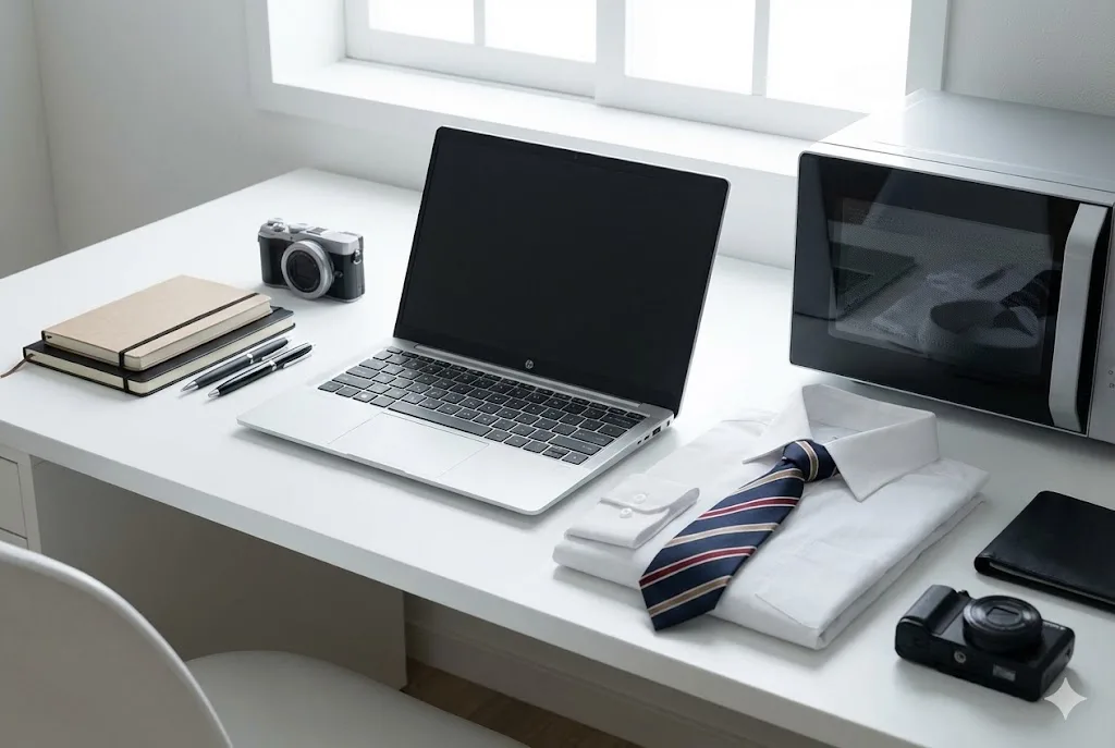 新しいノートパソコンと一緒に、折りたたまれた白いシャツ、丸められたネクタイ、電子レンジ、ノート、カメラなどの新生活用品が白いテーブルの上にきれいに並べられている。