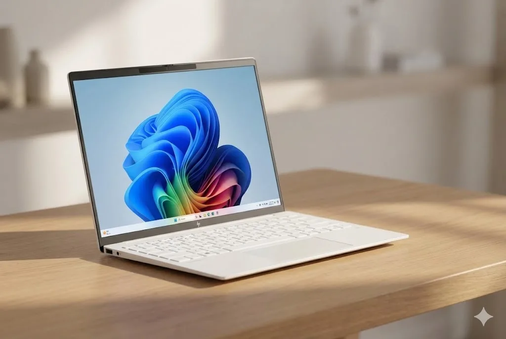 柔らかな光が差し込む木製デスクの上に置かれた、白いHP OmniBook 7 Aero 13の製品写真。開いた画面にはWindows 11の壁紙が表示されている。