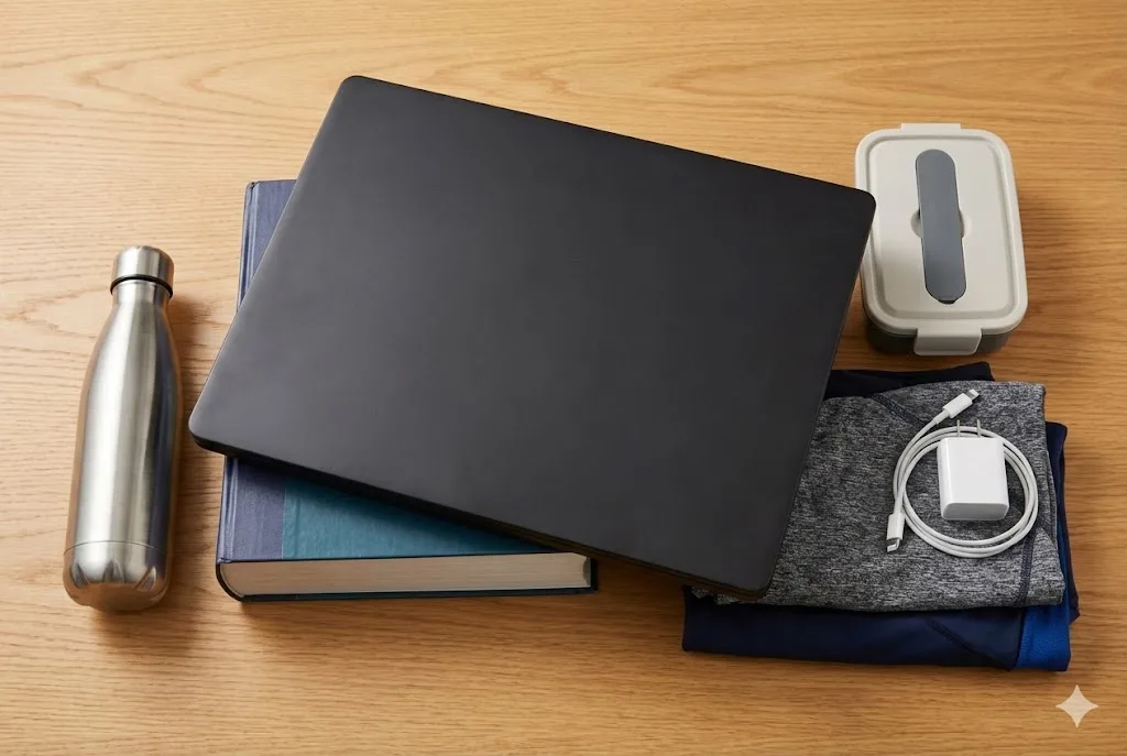 分厚い教科書、水筒、弁当箱などの通学用品の上に、黒くて重たいノートパソコンが置かれた俯瞰写真。