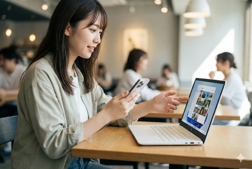 カフェで、女子大学生がスマートフォンを見ながらHP OmniBook 7 Aero 13の画面を指差し、SDカードを使わずに無線で写真データを転送している様子。SDカードスロットがないことへの現代的な解決策を示唆している。