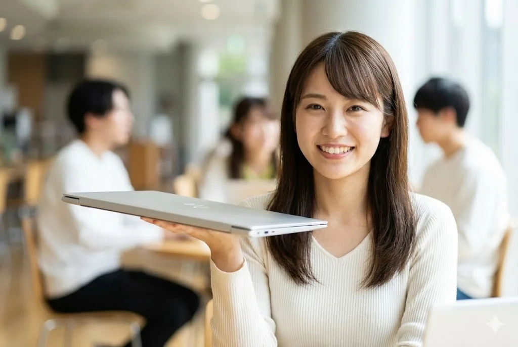 明るい大学のカフェで、笑顔の日本人女子大生が、非常に薄くスタイリッシュな銀色のノートパソコンを片手で軽々と持っているポートレート。