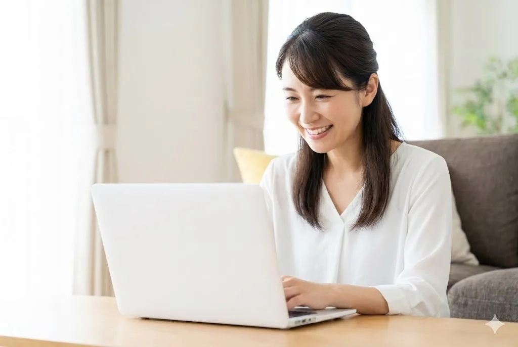 リビングルームのテーブルで白いノートパソコンを見ながら微笑む日本人の母親。