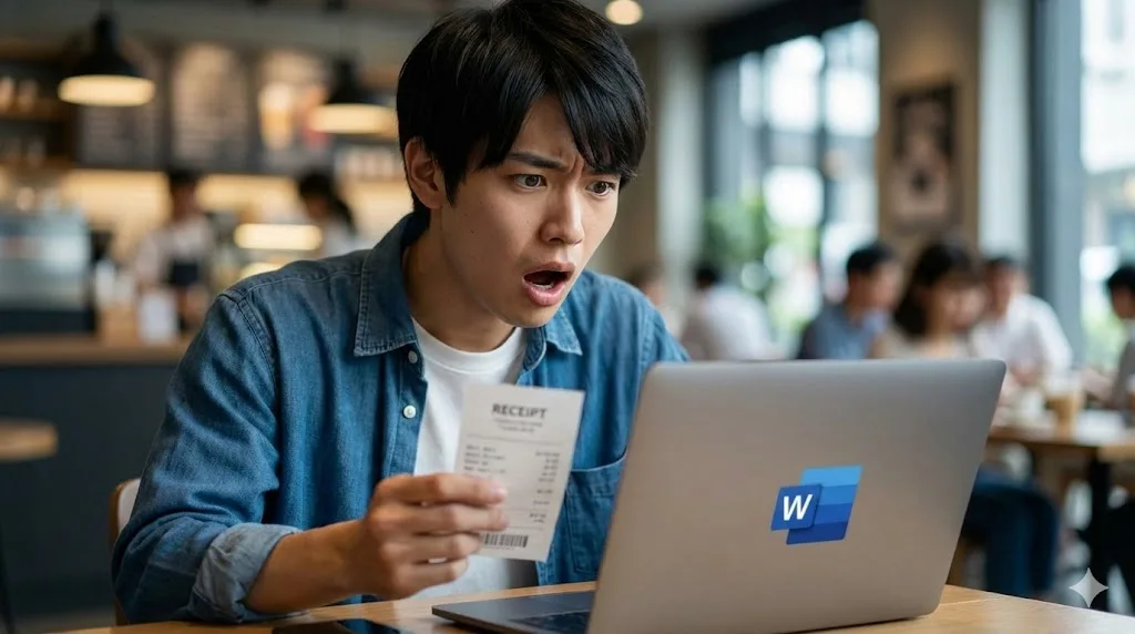 カフェでレシートを見ながら驚愕の表情を浮かべる日本人男子大学生と、Microsoft Wordのロゴが表示されたノートパソコン。