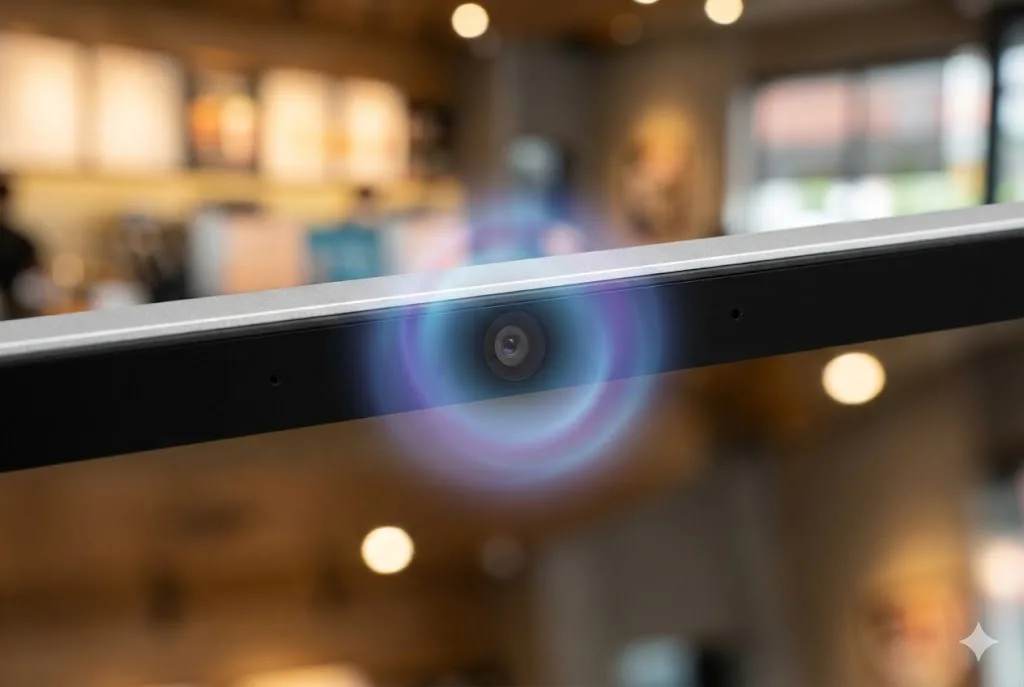 カフェのような背景をぼかし、HP OmniBook 7 Aero 13のWebカメラと、AIによる高画質化・ノイズキャンセリング機能を青紫色の光で表現したクローズアップ。