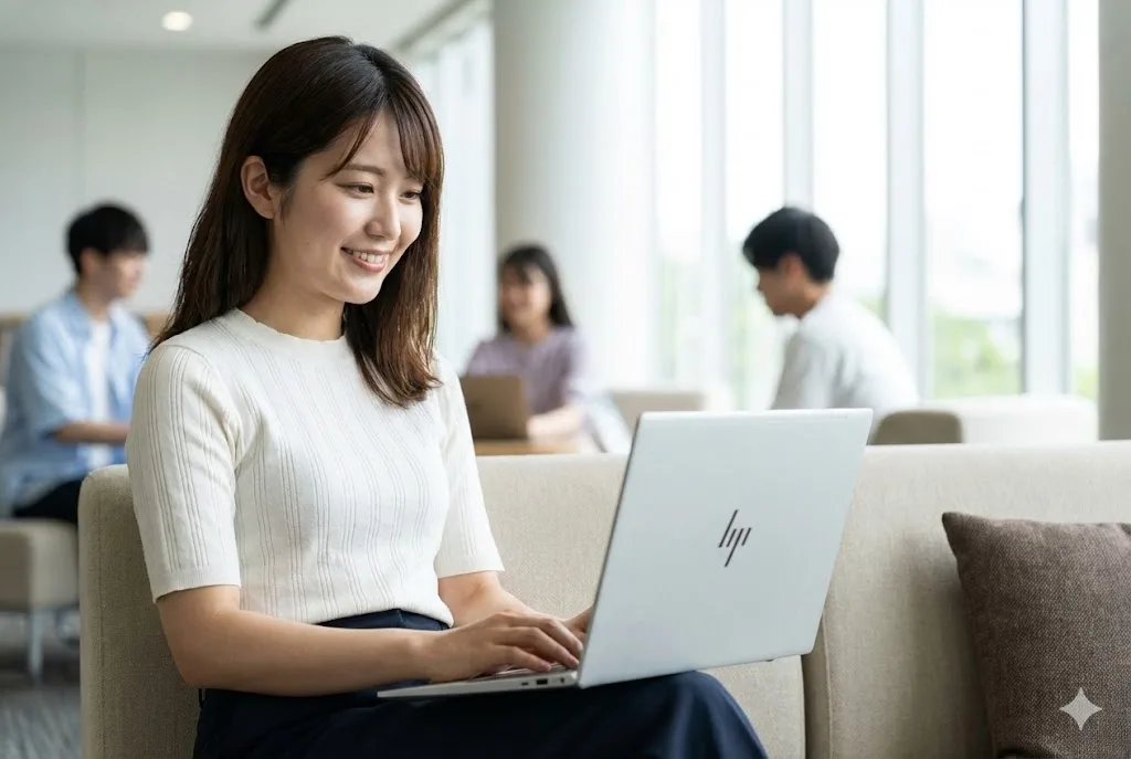 明るい日本の大学のラウンジで、HP OmniBook 7 Aero 13を使って快適にレポートを作成し、笑顔を見せる日本人女子学生の写真。