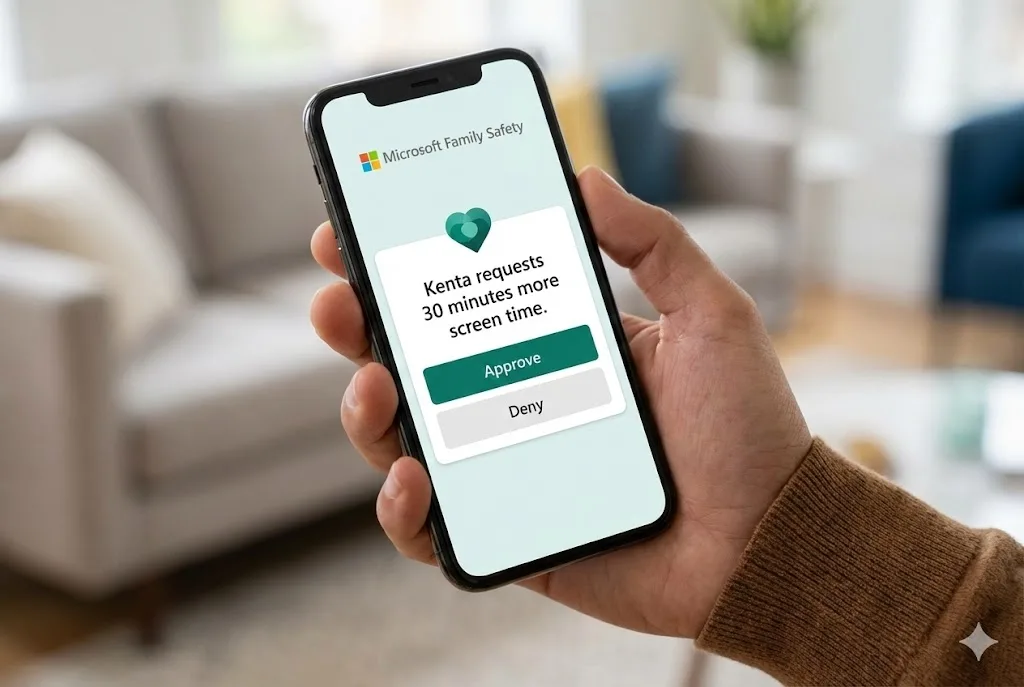 親のスマートフォン画面。「Kenta requests 30 minutes more screen time」という通知に対し、「Approve（許可）」ボタンをタップしようとしている。手元で簡単に管理できる利便性を示している。