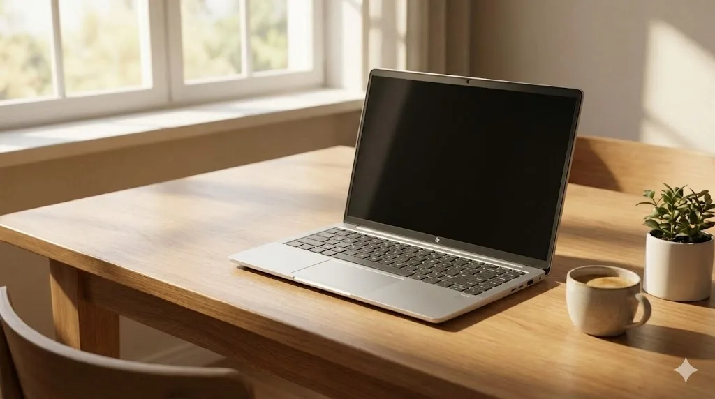 窓から柔らかな自然光が差し込む部屋で、木製のダイニングテーブルの上に置かれた銀色のHP製ノートパソコン。横にはコーヒーカップと小さな観葉植物があり、落ち着いた知的な作業環境が写し出されている。