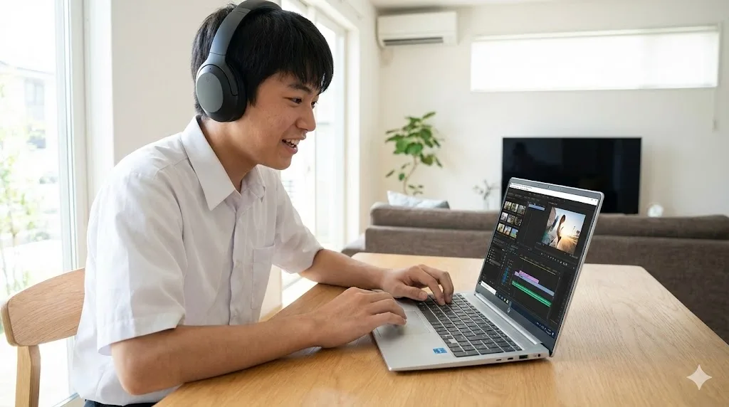 リビングのテーブルでヘッドホンを着け、笑顔でHP OmniBookを使って動画編集をしている男子高校生。