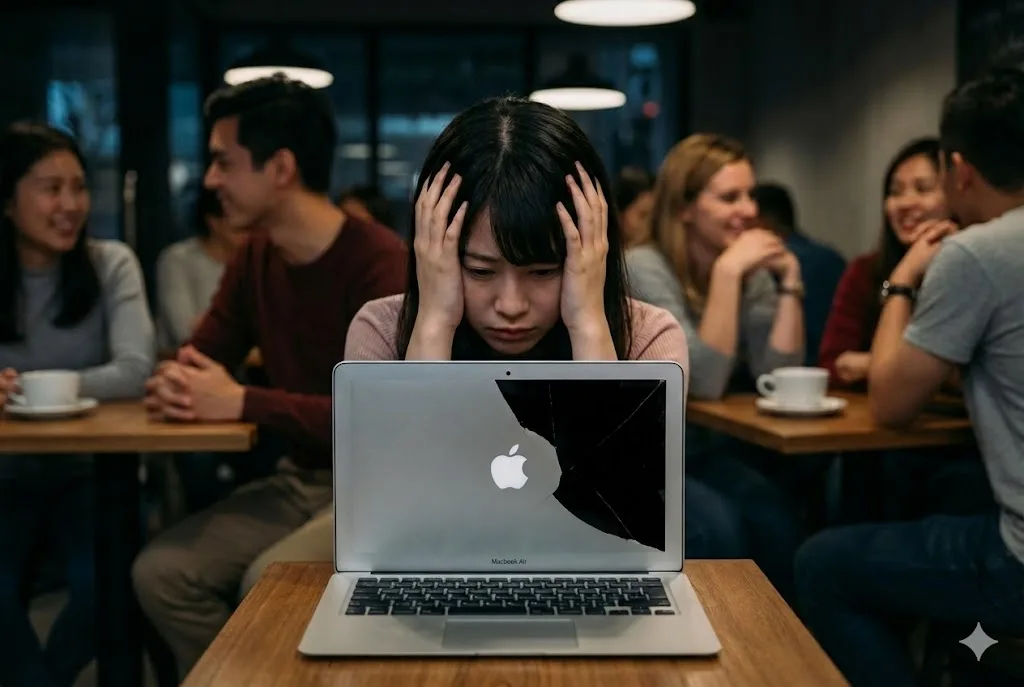 賑やかな海外のカフェで、画面が真っ暗なMacbook Airを前に頭を抱えて絶望している日本の女子大学生。