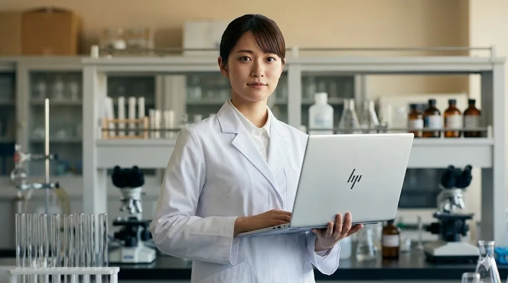 大学の研究室で白衣を着た日本の薬学部女子学生が、銀色のHP OmniBook 7 Aero 13ノートパソコンを持って自信に満ちた表情で立っている。