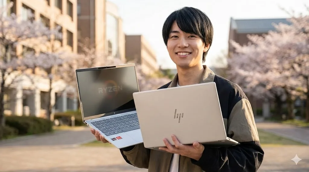 桜が咲く大学キャンパスで、Ryzen搭載のHP OmniBook 7 Aero 13を手に持ち、満足げに微笑む男子大学生。