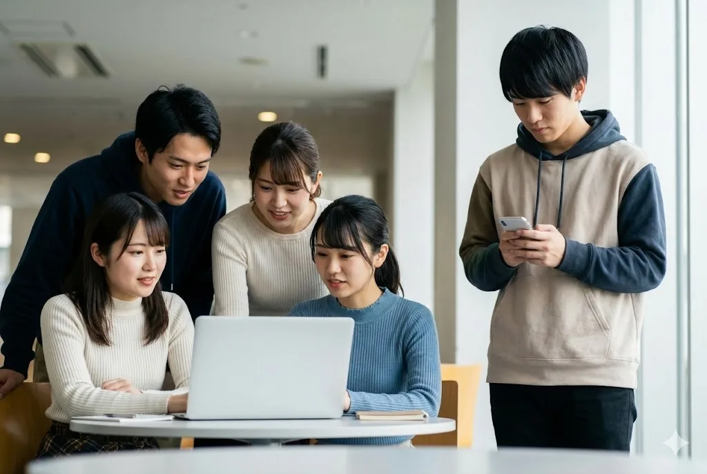 グループワークでノートPCの画面を囲む学生たちの輪に入れず、一人離れてスマホを見る孤独な学生