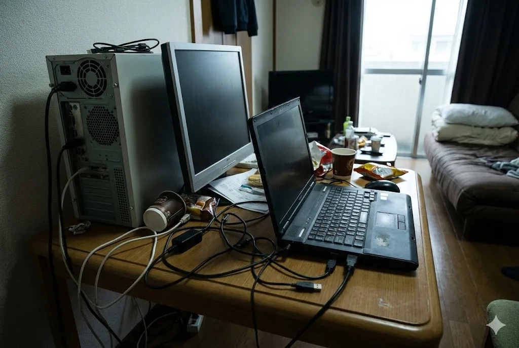 散らかった机の上にデスクトップPCと古くて厚いノートPCが並び、ケーブルが絡み合っている非効率な作業環境