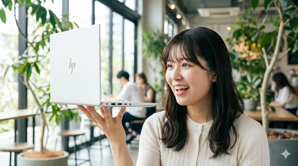自然光が差し込むカフェで、白いHP OmniBook 7 Aero 13を片手で軽々と持ち、その薄さと軽さに驚きの笑顔を見せる日本の女子大学生。