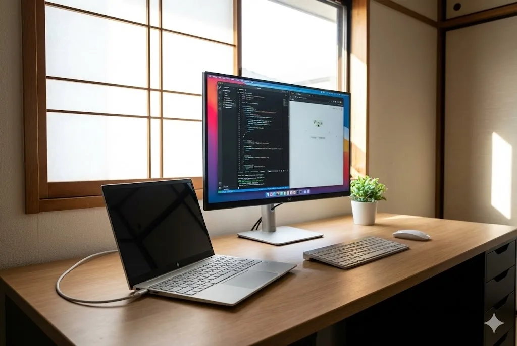 整理されたデスクで、スリムなノートPCと大型外部モニターがUSB-Cケーブル1本で接続されている快適な作業環境
